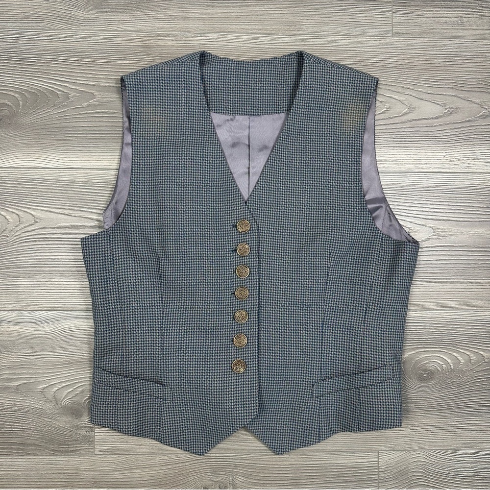 Vintage Style Blue Gray Houndstooth‎ Vest Gold Button Academia Look Size M